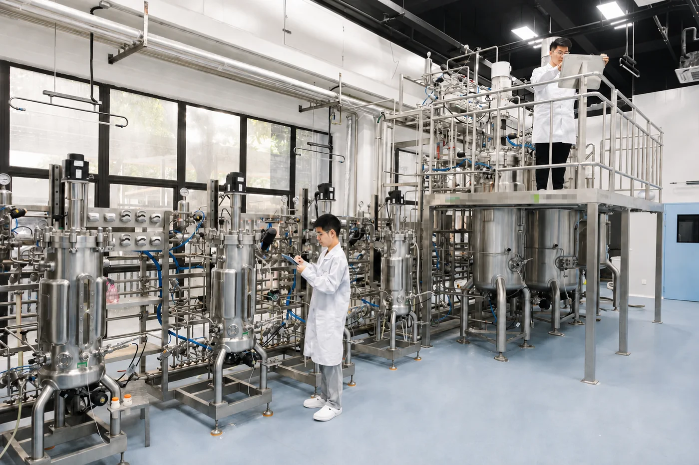 Technicians working beside stainless-steel bioprocess equipment