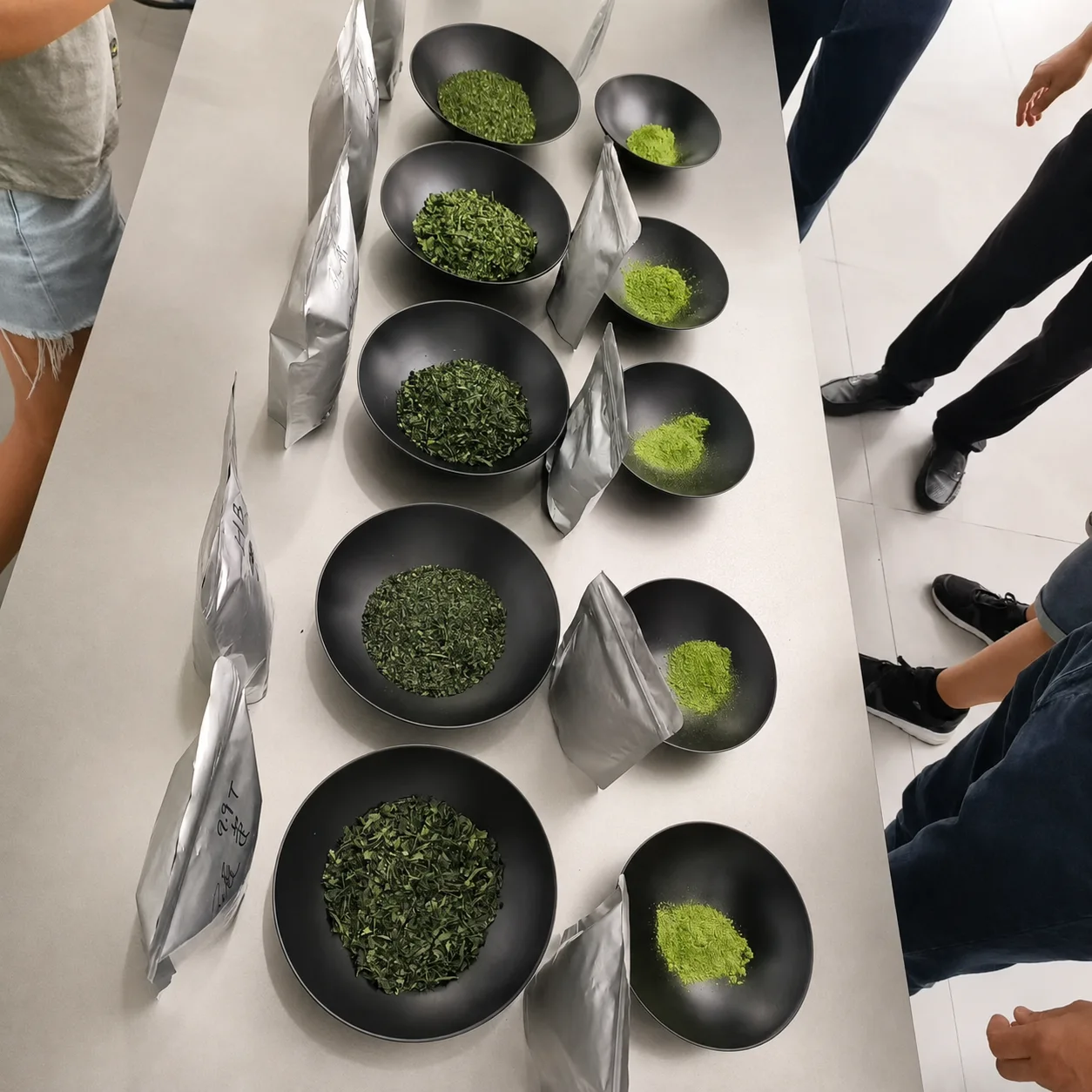 Tea leaf and powder samples arranged in bowls for comparison