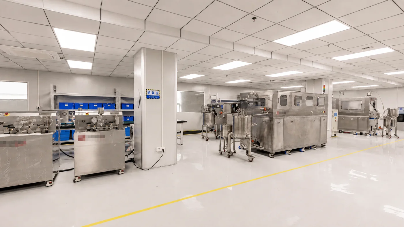 Bright workshop with stainless-steel processing equipment