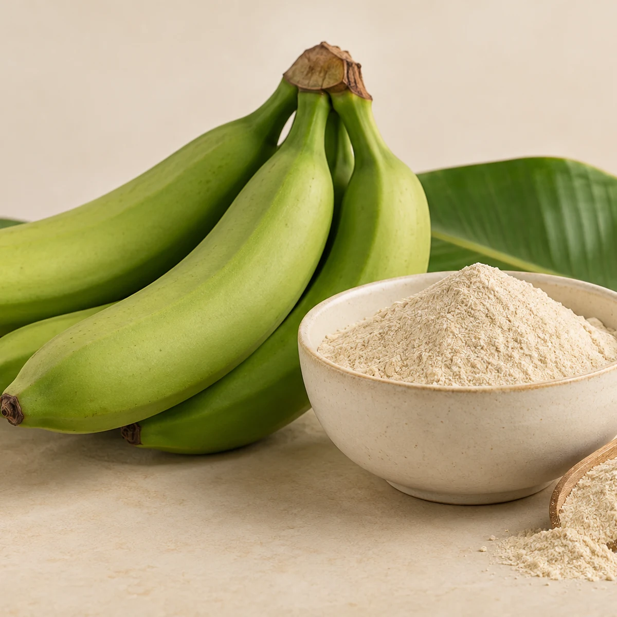 Unripe green bananas beside pale Green Banana Powder RS50